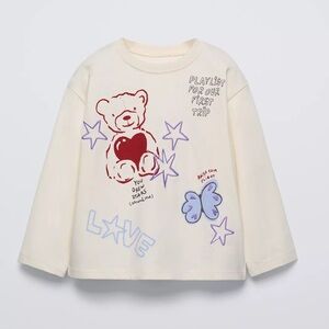 Zara Cream Long Sleeve Shirt with Graphic Design